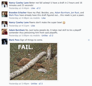 Screenshot from Facebook of the comments that kept me from my research on draft day.